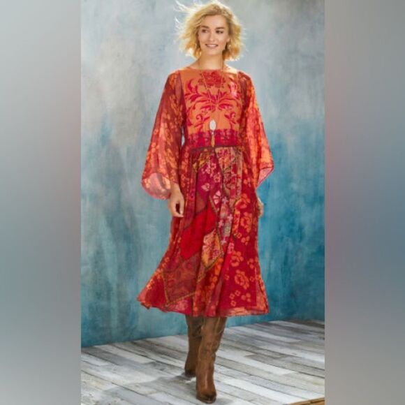 Soft Surroundings Cavatina Smocked Crinkle Chiffon Midi Dress in Red Multi NWOT - Picture 15 of 15
